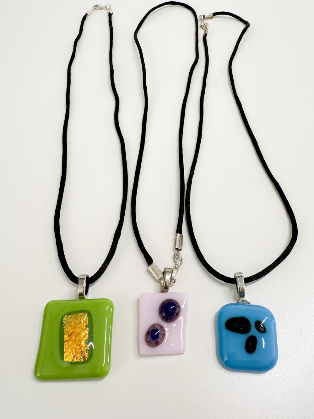 Handcrafted Artisan Glass Pendant Necklace - Lot of 3- Green, Pink, Blue